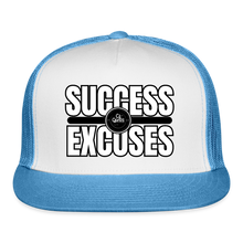 Load image into Gallery viewer, Success Over Excuses Trucker Hat (White Print) - white/blue