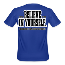 Load image into Gallery viewer, Believe Moisture Wicking Performance T-Shirt (Black Print) - royal blue
