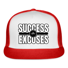 Load image into Gallery viewer, Success Over Excuses Trucker Hat (White Print) - white/red
