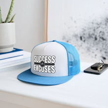Load image into Gallery viewer, Success Over Excuses Trucker Hat (White Print) - white/blue