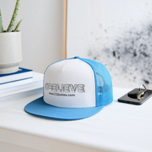 Load image into Gallery viewer, Believe Trucker Hat (Black Outline) - white/blue
