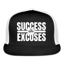Load image into Gallery viewer, Success Over Excuses Trucker Hat (White Print BB) - black/white