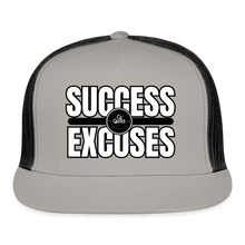 Load image into Gallery viewer, Success Over Excuses Trucker Hat (White Print) - gray/black