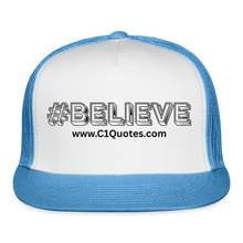 Load image into Gallery viewer, Believe Trucker Hat (Black Outline) - white/blue