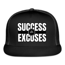 Load image into Gallery viewer, Success Over Excuses Trucker Hat (White Print) - black/black