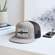 Load image into Gallery viewer, Success Over Excuses Trucker Hat (White Print) - gray/black