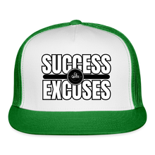 Load image into Gallery viewer, Success Over Excuses Trucker Hat (White Print) - white/kelly green