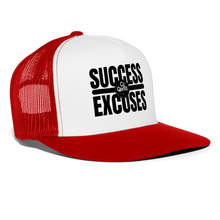 Load image into Gallery viewer, Success Over Excuses Trucker Hat (Black Print) - white/red