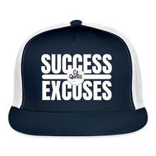 Load image into Gallery viewer, Success Over Excuses Trucker Hat (White Print BB) - navy/white