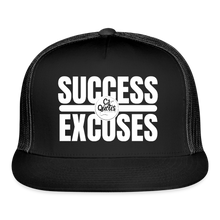 Load image into Gallery viewer, Success Over Excuses Trucker Hat (White Print BB) - black/black
