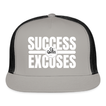 Load image into Gallery viewer, Success Over Excuses Trucker Hat (White Print BB) - gray/black