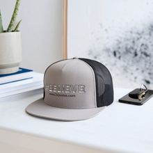 Load image into Gallery viewer, Believe Trucker Hat (Black Outline) - gray/black