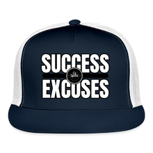 Load image into Gallery viewer, Success Over Excuses Trucker Hat (White Print) - navy/white