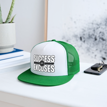 Load image into Gallery viewer, Success Over Excuses Trucker Hat (White Print) - white/kelly green