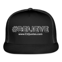 Load image into Gallery viewer, Believe Trucker Hat (White Outline) - black/black