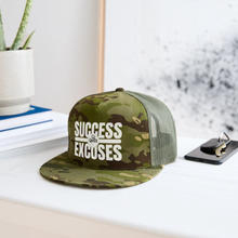 Load image into Gallery viewer, Success Over Excuses Trucker Hat (White Print BB) - MultiCam\green