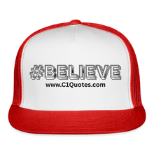 Load image into Gallery viewer, Believe Trucker Hat (Black Outline) - white/red