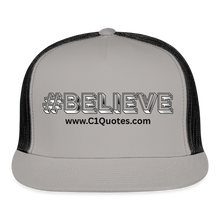 Load image into Gallery viewer, Believe Trucker Hat (Black Outline) - gray/black