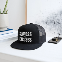 Load image into Gallery viewer, Success Over Excuses Trucker Hat (White Print) - black/black