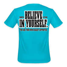 Load image into Gallery viewer, Believe Moisture Wicking Performance T-Shirt (Black Print) - turquoise