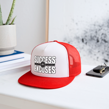 Load image into Gallery viewer, Success Over Excuses Trucker Hat (White Print) - white/red