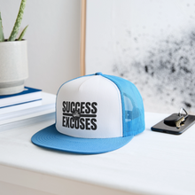 Load image into Gallery viewer, Success Over Excuses Trucker Hat (Black Print) - white/blue