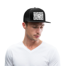 Load image into Gallery viewer, Success Over Excuses Trucker Hat (White Print BB) - black/black