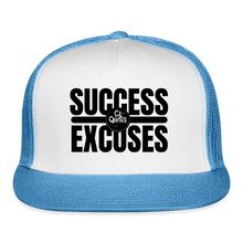 Load image into Gallery viewer, Success Over Excuses Trucker Hat (Black Print) - white/blue
