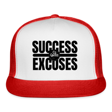 Load image into Gallery viewer, Success Over Excuses Trucker Hat (Black Print) - white/red
