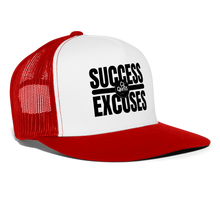 Load image into Gallery viewer, Success Over Excuses Trucker Hat (Black Print) - white/red
