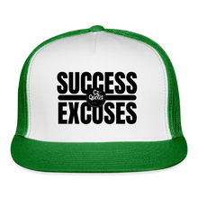 Load image into Gallery viewer, Success Over Excuses Trucker Hat (Black Print) - white/kelly green

