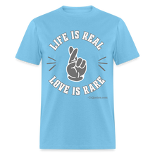 Load image into Gallery viewer, Life &amp; Love Unisex Classic T-Shirt (Grey Print) - aquatic blue

