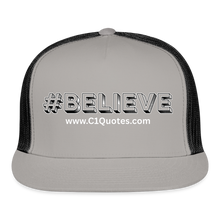 Load image into Gallery viewer, Believe Trucker Hat (White Outline) - gray/black
