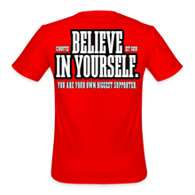 Load image into Gallery viewer, Believe Moisture Wicking Performance T-Shirt (White Print) - red
