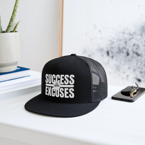 Success Over Excuses Trucker Hat (White Print BB) - black/black