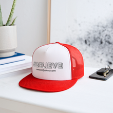 Load image into Gallery viewer, Believe Trucker Hat (Black Outline) - white/red
