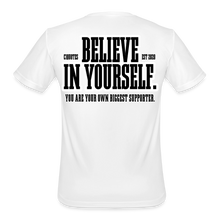 Load image into Gallery viewer, Believe Moisture Wicking Performance T-Shirt (Black Print) - white
