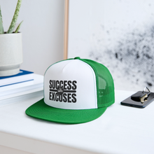 Load image into Gallery viewer, Success Over Excuses Trucker Hat (Black Print) - white/kelly green

