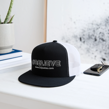 Load image into Gallery viewer, Believe Trucker Hat (White Outline) - black/white
