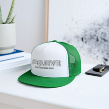 Load image into Gallery viewer, Believe Trucker Hat (Black Outline) - white/kelly green

