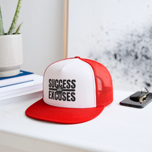 Load image into Gallery viewer, Success Over Excuses Trucker Hat (Black Print) - white/red
