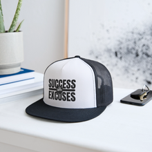 Load image into Gallery viewer, Success Over Excuses Trucker Hat (Black Print) - white/black
