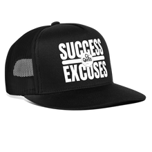 Load image into Gallery viewer, Success Over Excuses Trucker Hat (White Print BB) - black/black
