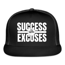 Load image into Gallery viewer, Success Over Excuses Trucker Hat (White Print BB) - black/black
