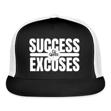Load image into Gallery viewer, Success Over Excuses Trucker Hat (White Print BB) - black/white
