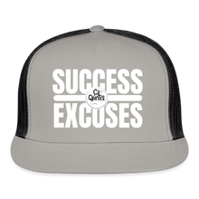 Load image into Gallery viewer, Success Over Excuses Trucker Hat (White Print BB) - gray/black
