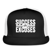 Load image into Gallery viewer, Success Over Excuses Trucker Hat (White Print) - black/white
